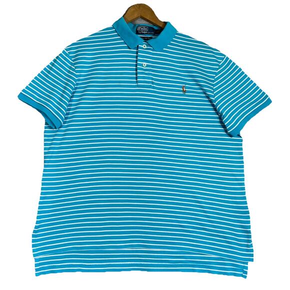Polo Ralph Lauren Shirt Mens Large Blue Stripe Flesh Pony Pima Soft Touch *FLAW* - Picture 1 of 12